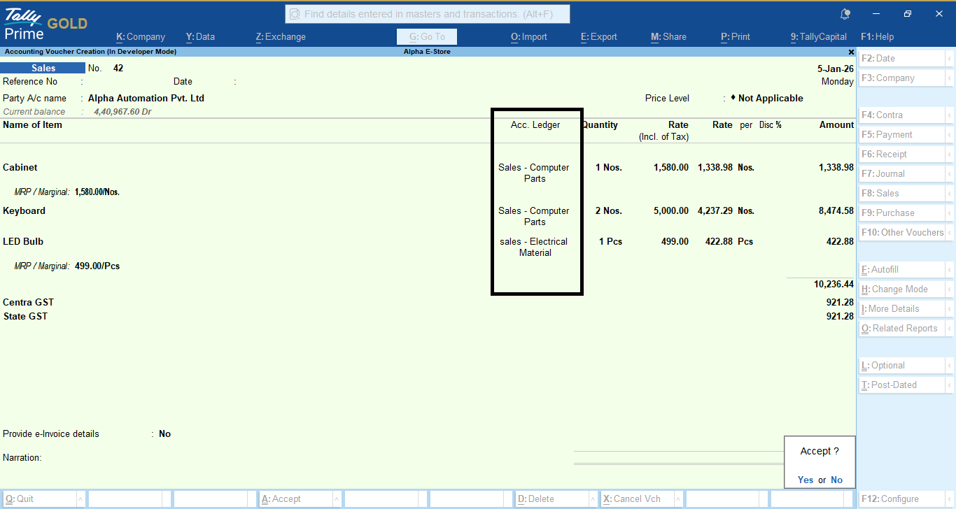 Display Item Wise Accounting Ledger inMain Screen of Voucher Entry